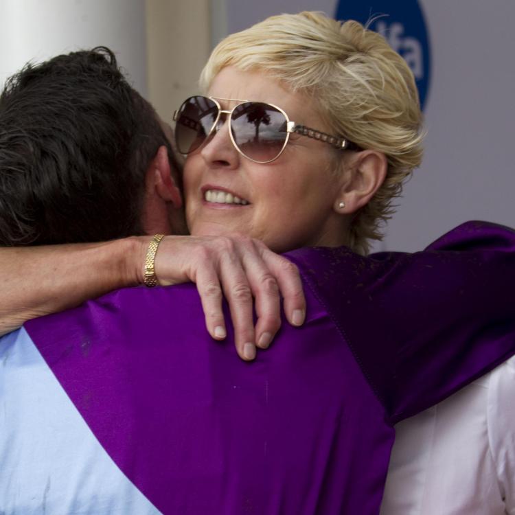 Amander Turner congratulates jockey Peter Wells at Rosehill